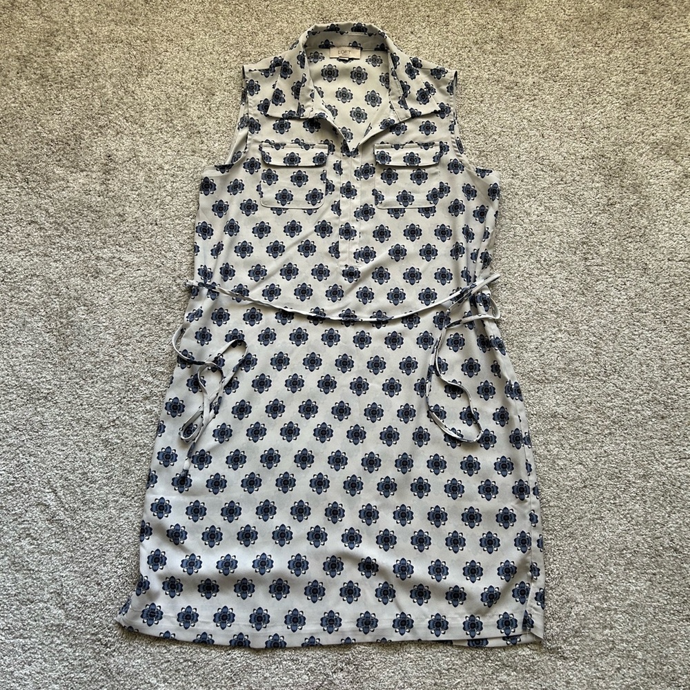 LOFT Outlet Sleeveless Blue and White Mini Tie Waist Dress